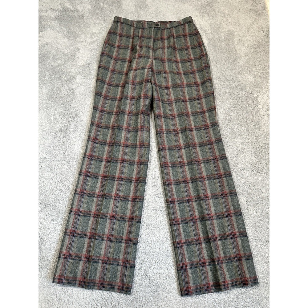 Vintage Pendleton Pants Womens 14 Green Plaid Wool USA Made High Rise Trousers